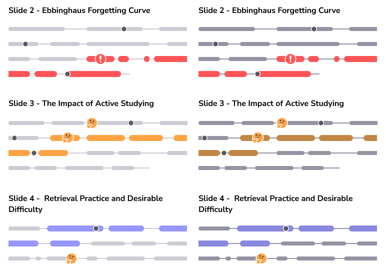 Two columns of audio bubbles with fully saturated red, orange and purple fills against grey connecting lines.