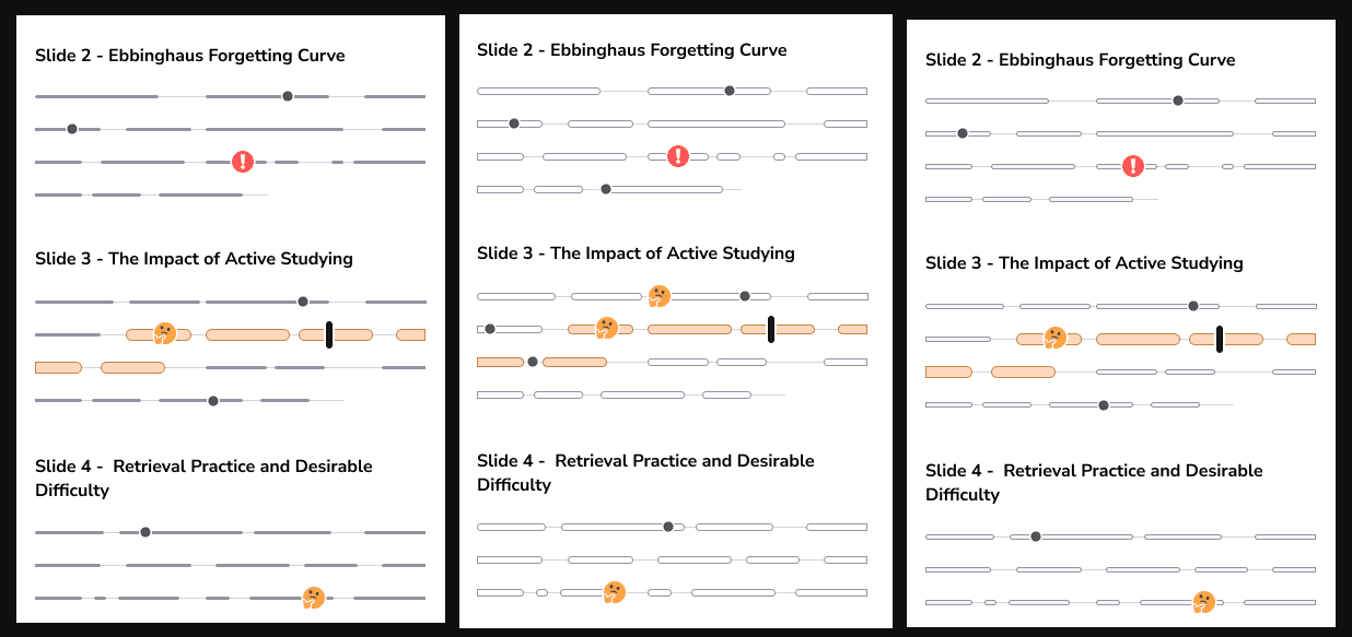 Three panels comparing audio bubble fill treatments across slide outlines.
