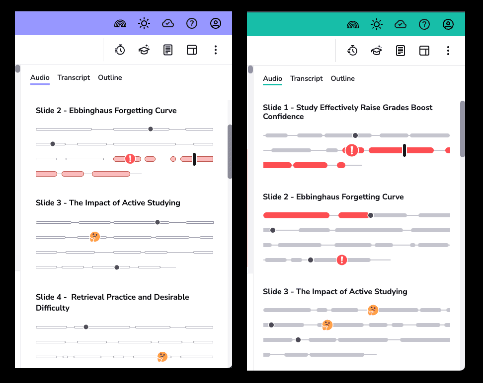 Two audio tab panels side by side, one with a purple header and one with a teal header, showing highlighted bubbles.