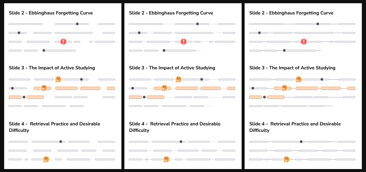 Three panels comparing connecting-line treatments at different opacities behind outlined audio bubbles.