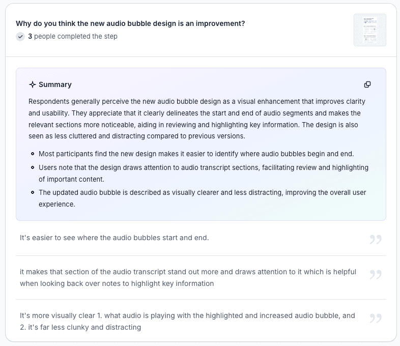 Survey responses explaining why the new audio bubble design is an improvement, with an AI summary of the themes.