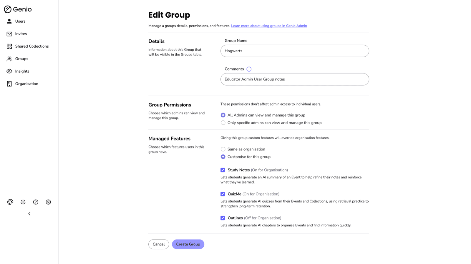 The shipped Edit Group screen, with Managed Features set to Customise for this group and each feature labelled with its organisation default.