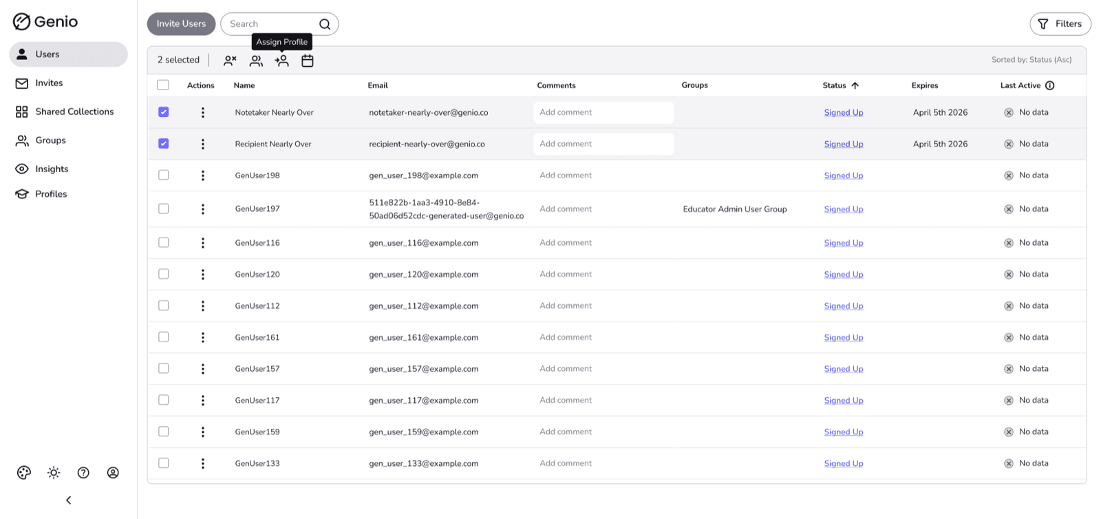 Ideation screen showing the Users table with two users selected and an Assign Profile action, with Profiles as its own sidebar section.