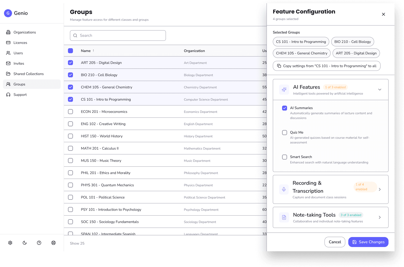 Ideation screen showing four course groups selected with a Feature Configuration panel, features split into AI Features, Recording & Transcription and Note-taking Tools.