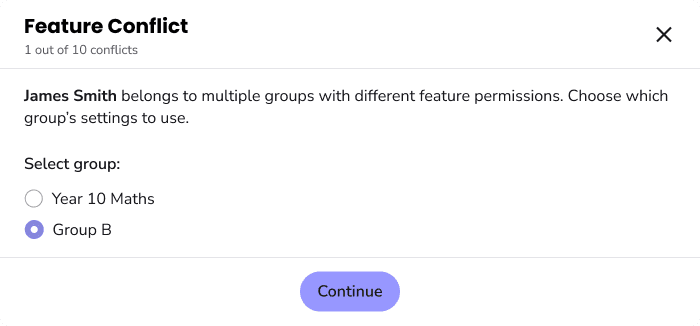 Ideation modal titled Feature Conflict, asking which group's settings to use for a user who belongs to two groups.