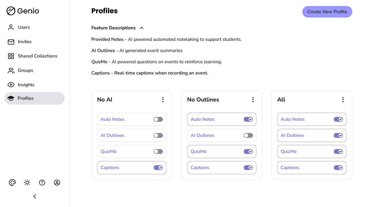 Ideation screen showing a Profiles page with three preset cards, No AI, No Outlines and All, each toggling Auto Notes, AI Outlines, QuizMe and Captions.