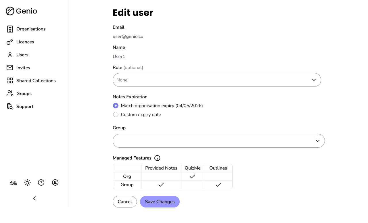 Ideation screen for editing a single user, with a Managed Features table showing org-level and group-level state for each feature.