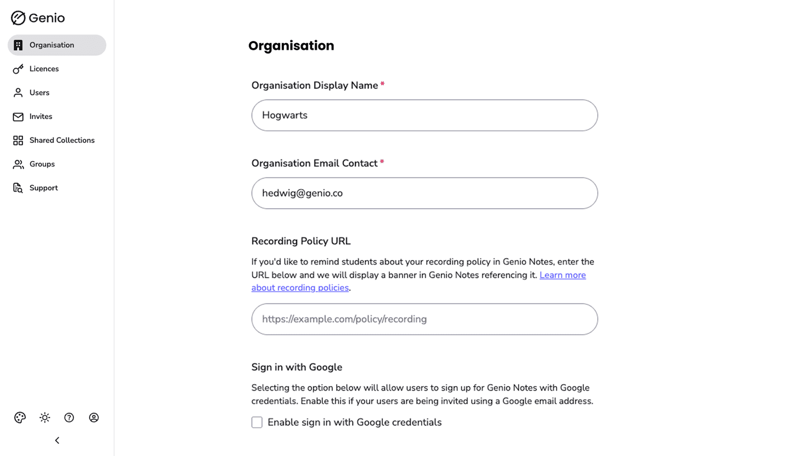 The previous organisation settings form: a single stacked column of fields with no feature management.