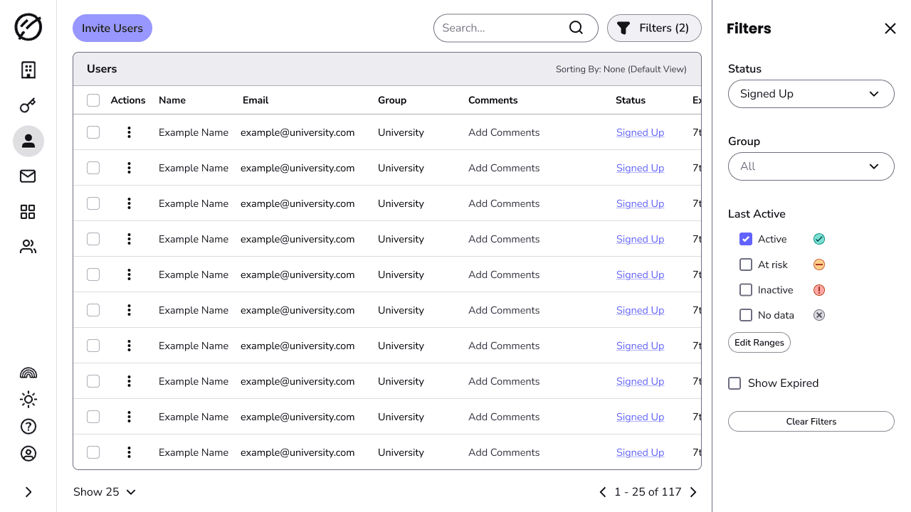 The users table with the Filters panel open, showing Status and Group dropdowns and a Last Active group with Active, At risk, Inactive and No data checkboxes plus an Edit Ranges button.