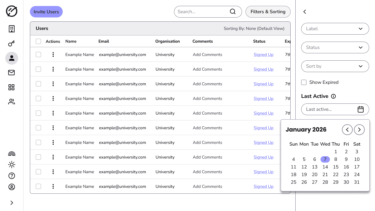 The users table with a filter panel open, showing a Last Active date picker with a January 2026 calendar.