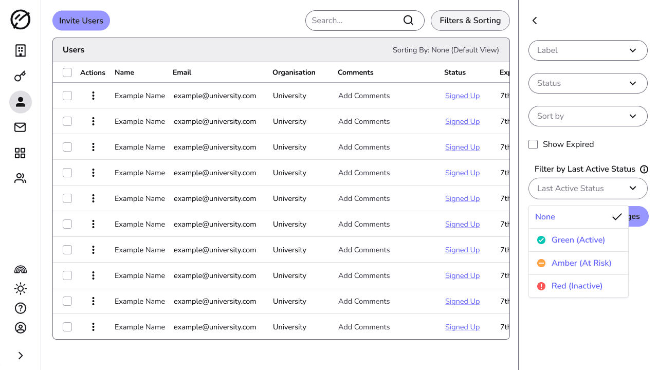 The users table with a filter panel open, showing a Filter by Last Active Status dropdown listing Green (Active), Amber (At Risk) and Red (Inactive).