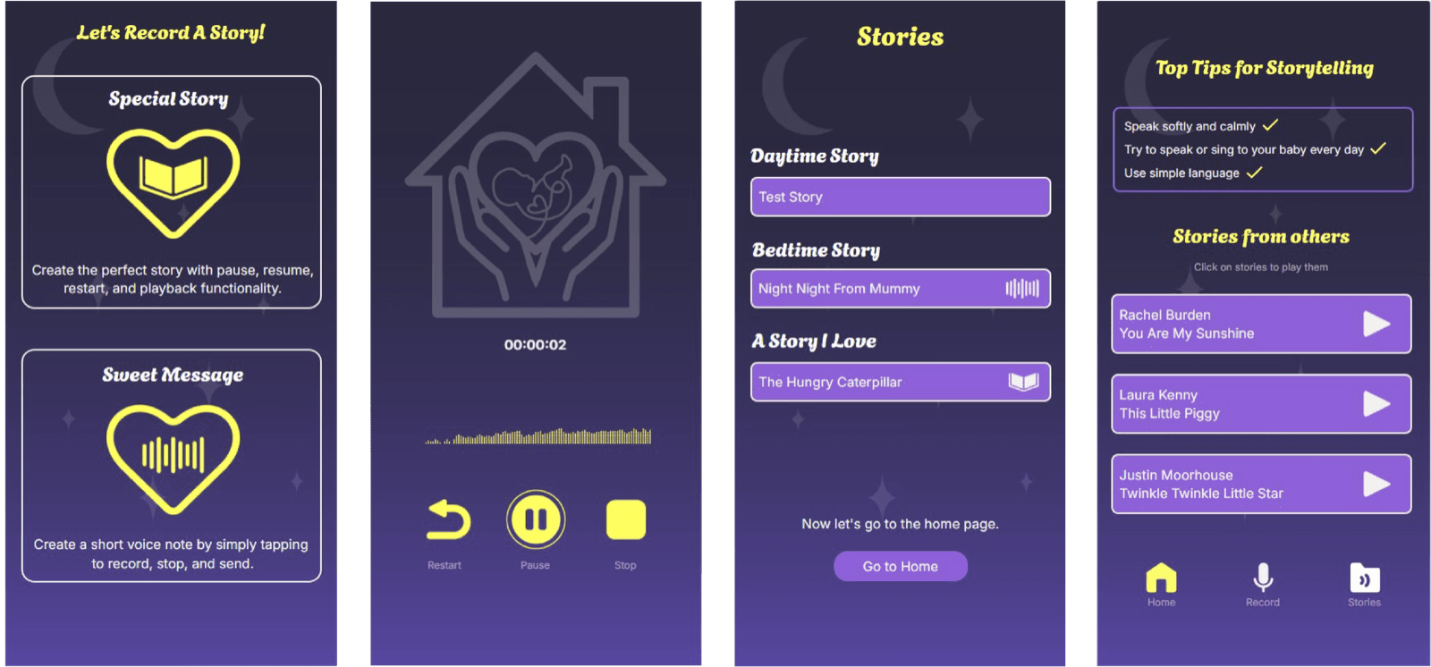 The Special Story recording flow with restart, pause and stop controls and a live waveform.