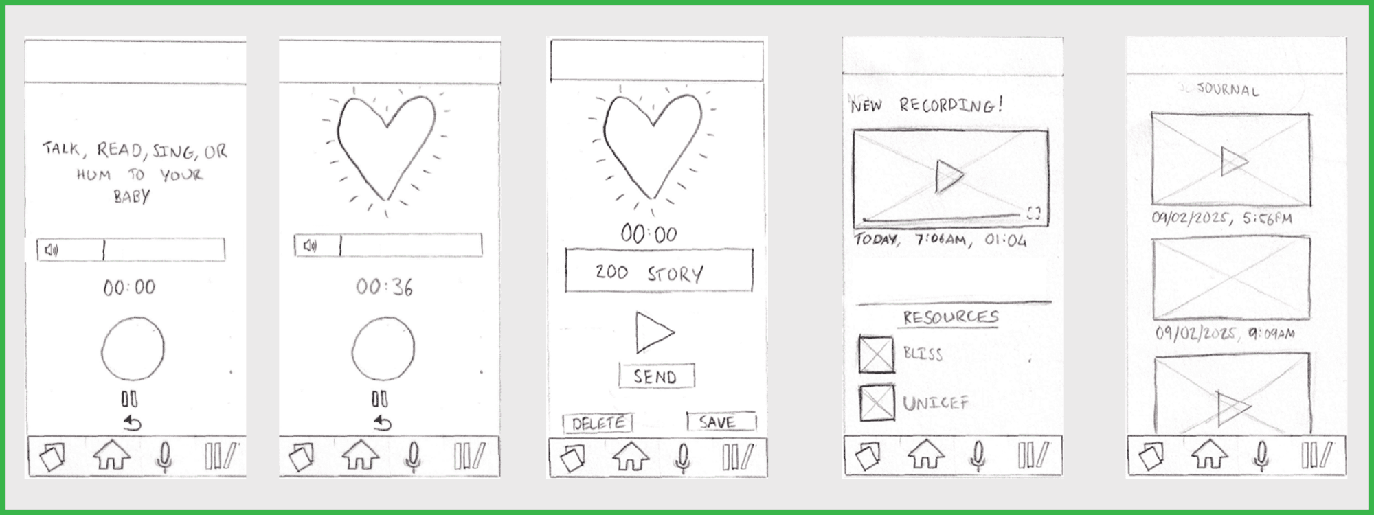 Five hand-drawn wireframe screens covering recording, saving a story and a journal of recordings.