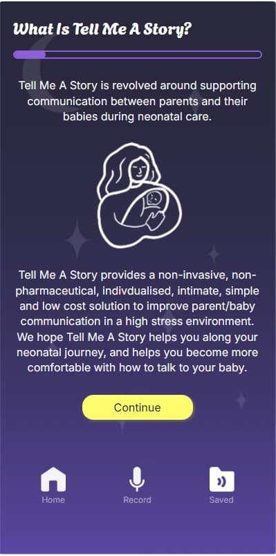 Onboarding screen explaining what Tell Me A Story is, with a line illustration of a parent holding a baby.