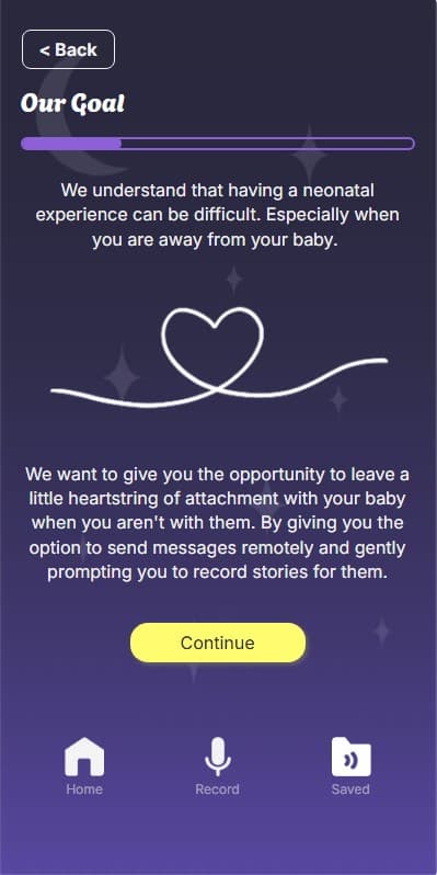 Onboarding screen titled Our Goal, describing leaving a heartstring of attachment.