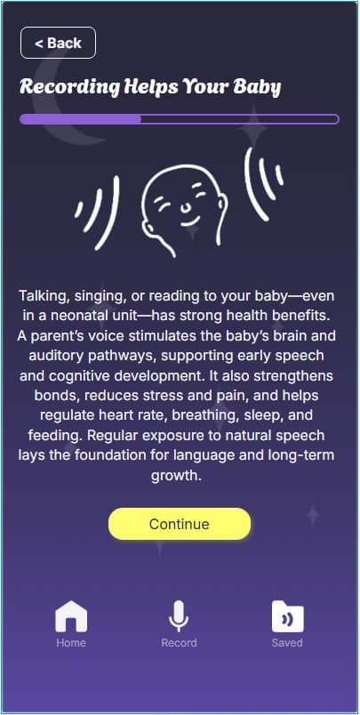 Onboarding screen explaining how recording helps the baby's development.