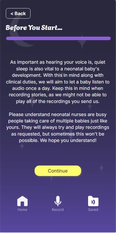 Onboarding screen titled Before You Start, explaining that nurses may not be able to play every recording.
