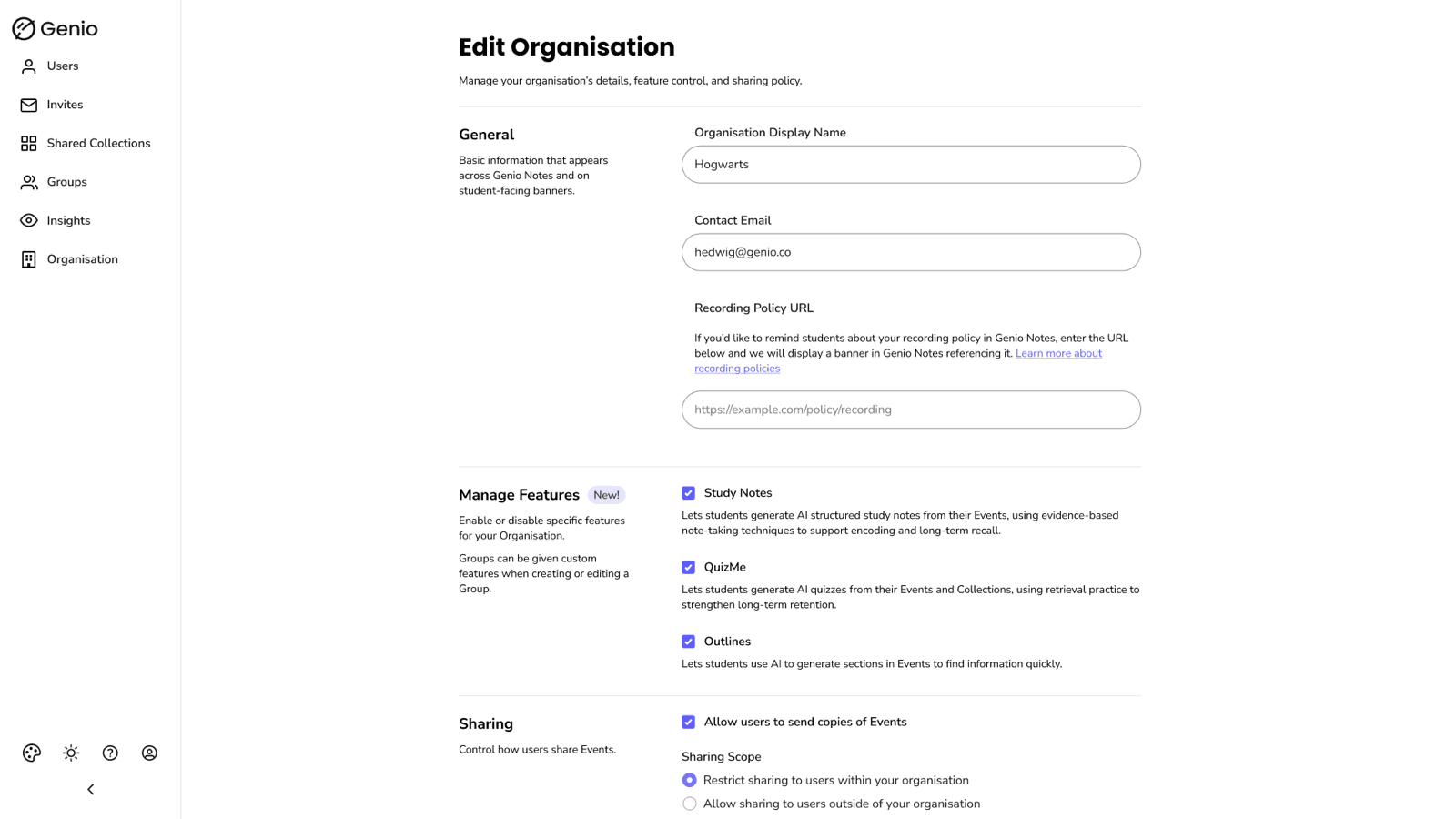 The shipped Edit Organisation screen, showing the Manage Features block alongside general details.