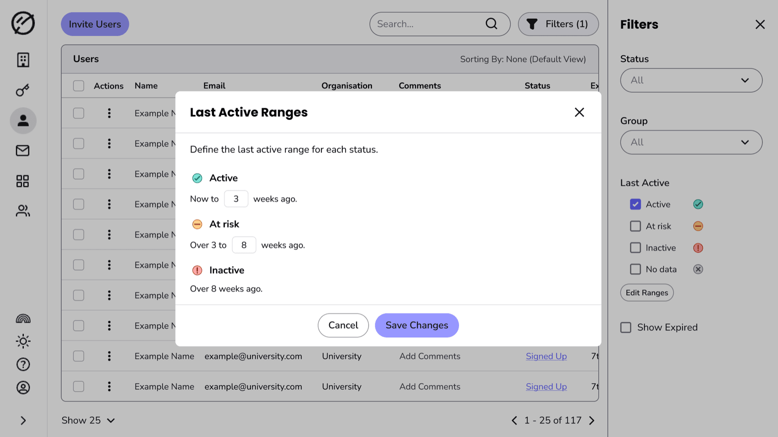 The Last Active Ranges dialog open over the users table, defining the range for each status.