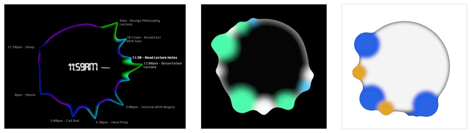 Three framed panels: a dark calendar concept with a glowing outline and event labels, a small dark green-and-white blob study, and the blue-and-orange blob on white.