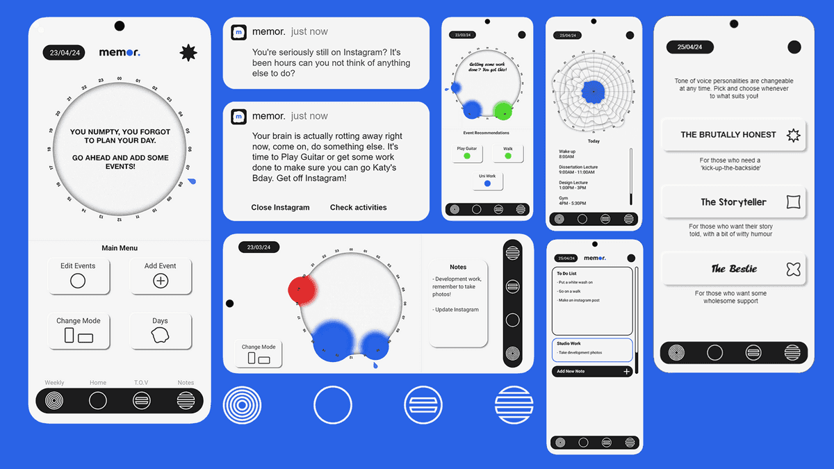 Overview of Memor's screens: the fluid clock-calendar, blunt notifications, a weekly view, and the three tone-of-voice profiles.